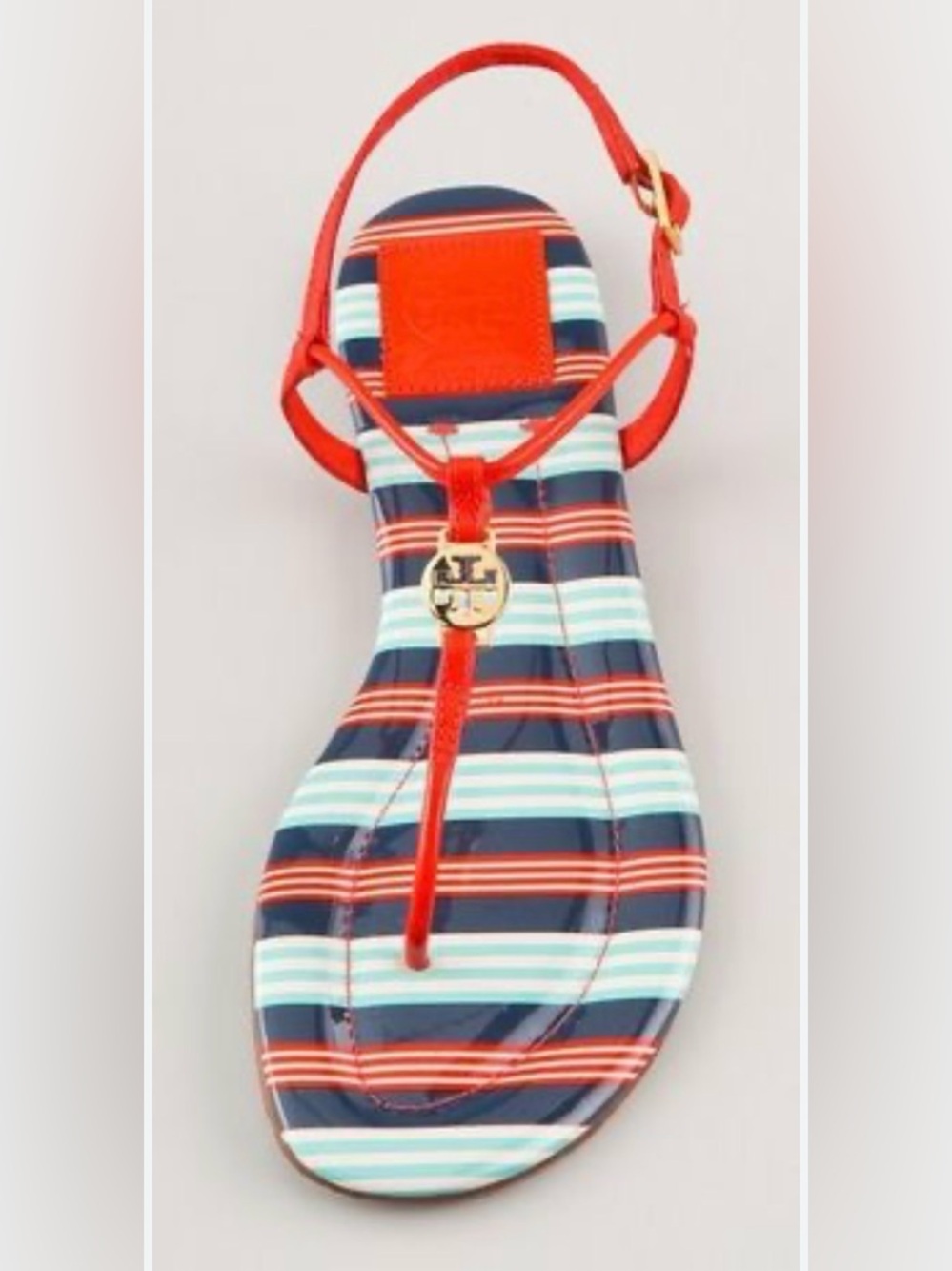 Tory Burch Women’s Emmy Habanero Striped Thong Patent Leather Sandals Size 8.5